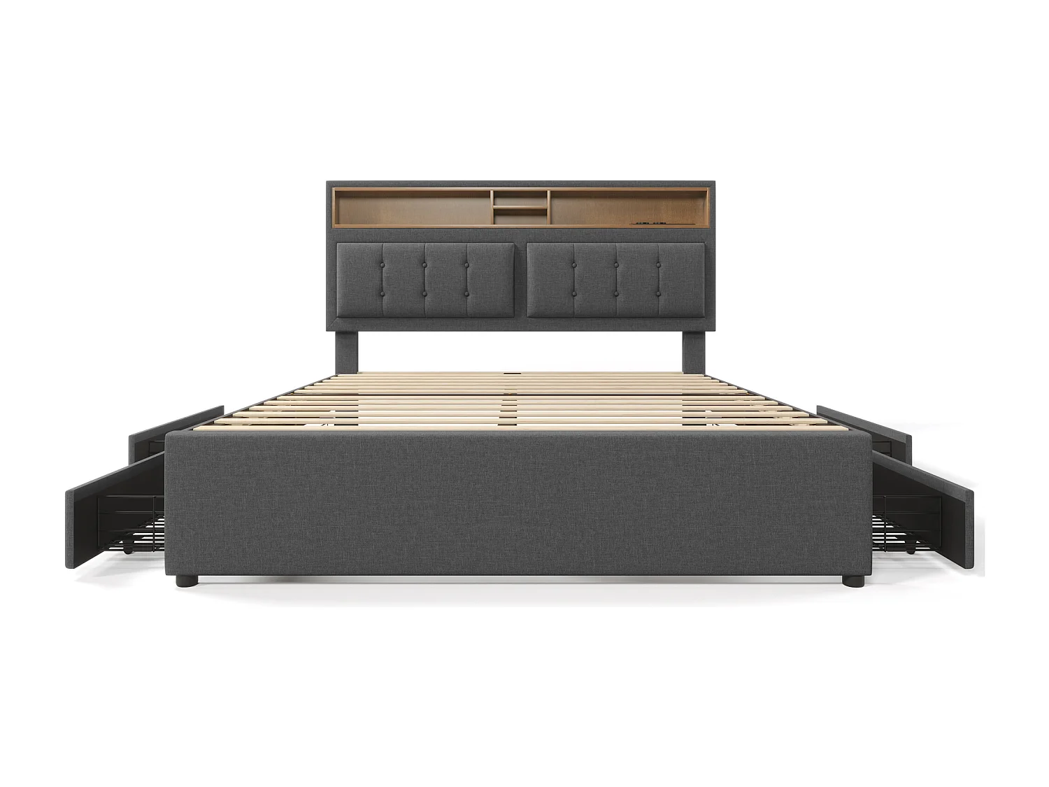 Gepolstertes Erwachsenenbett mit 4 Schubladen und USB-Ladeanschluss – 160 x 200 cm – Leinenstoff – Grau