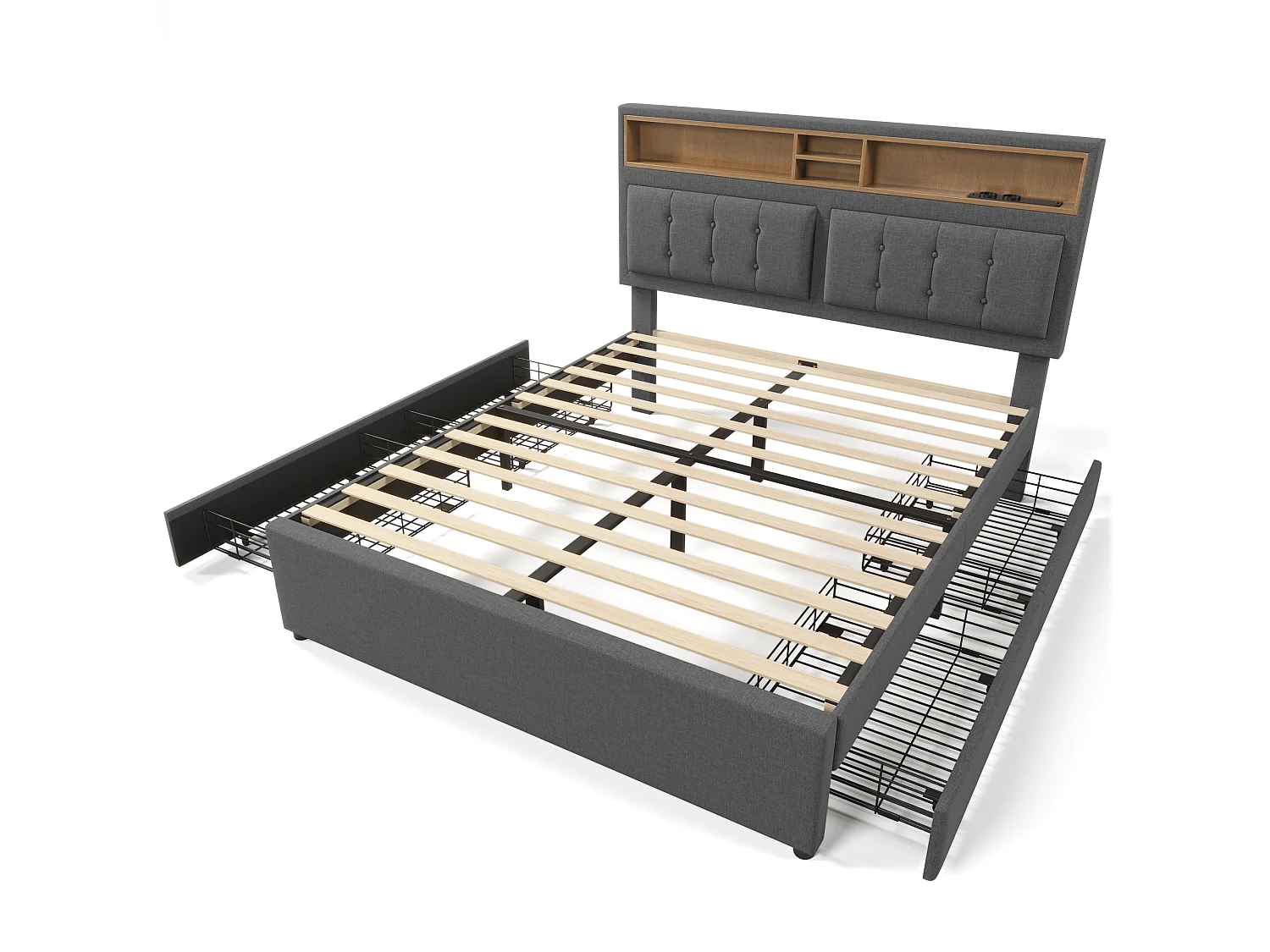 Gestoffeerd volwassenenbed met 4 lades en USB-oplaadpoort - 160x200cm - Linnen stof - Grijs