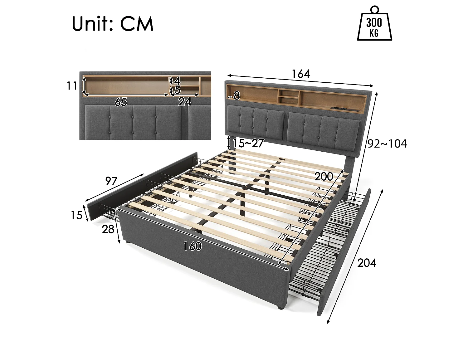 Gestoffeerd volwassenenbed met 4 lades en USB-oplaadpoort - 160x200cm - Linnen stof - Grijs