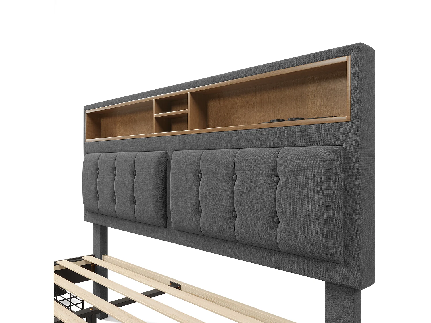 Gestoffeerd volwassenenbed met 4 lades en USB-oplaadpoort - 160x200cm - Linnen stof - Grijs