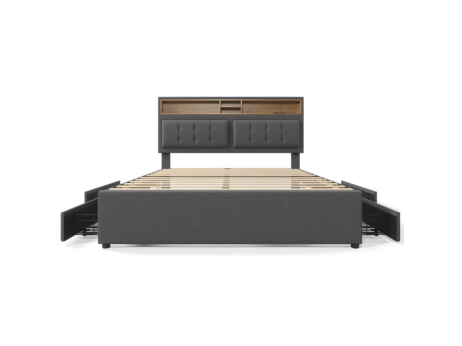 Gestoffeerd volwassenenbed met 4 lades en USB-oplaadpoort - 160x200cm - Linnen stof - Grijs