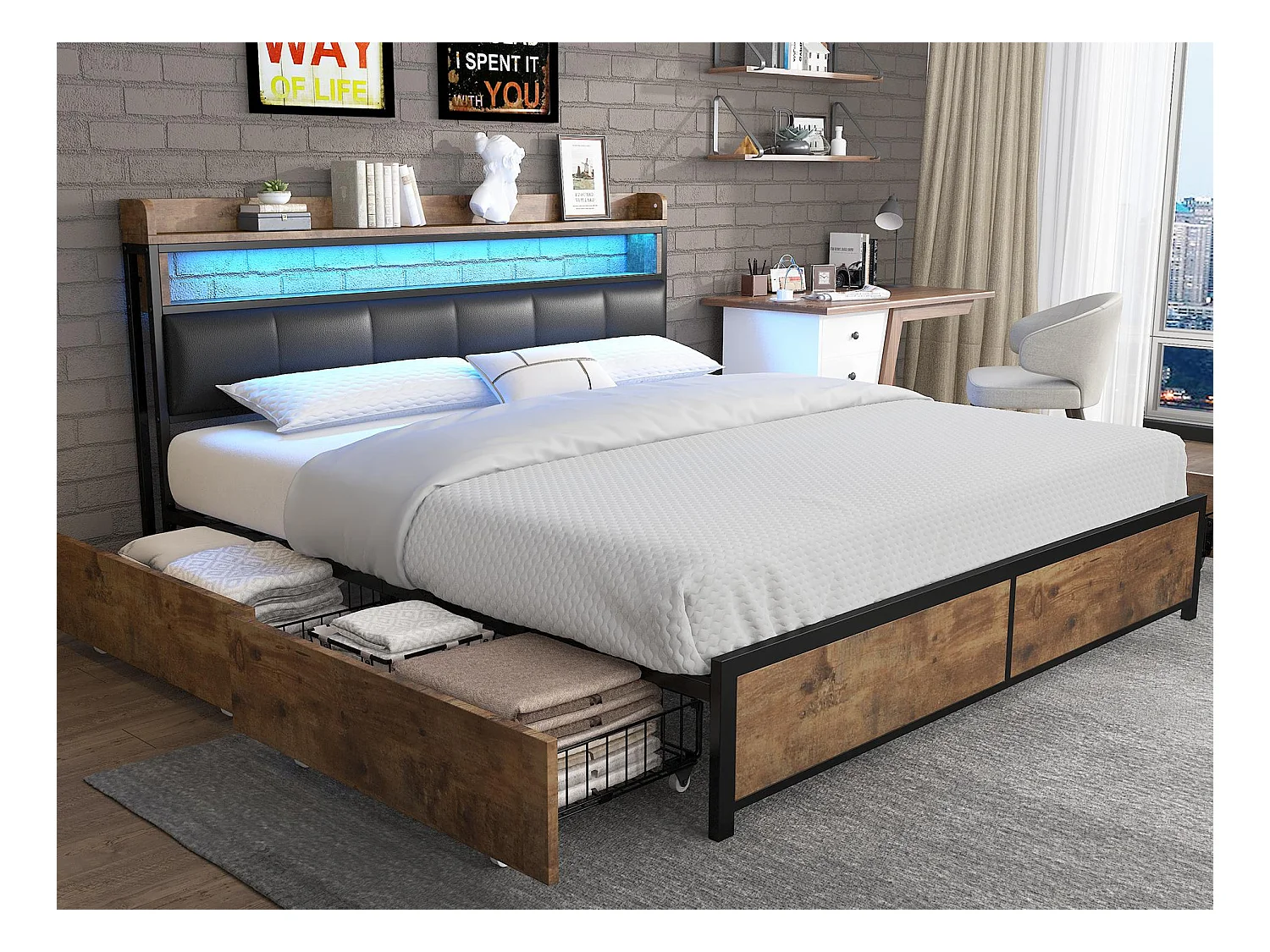 Lit adulte en similicuir avec 4 tiroirs et LED - cadre en métal - 180x200cm - naturel foncé