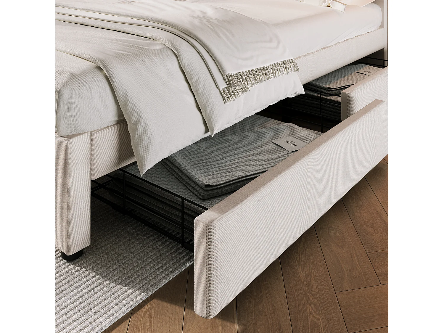 Gestoffeerd volwassenenbed met 4 lades en USB-oplaadpoort - 160x200cm - Linnen stof - Beige