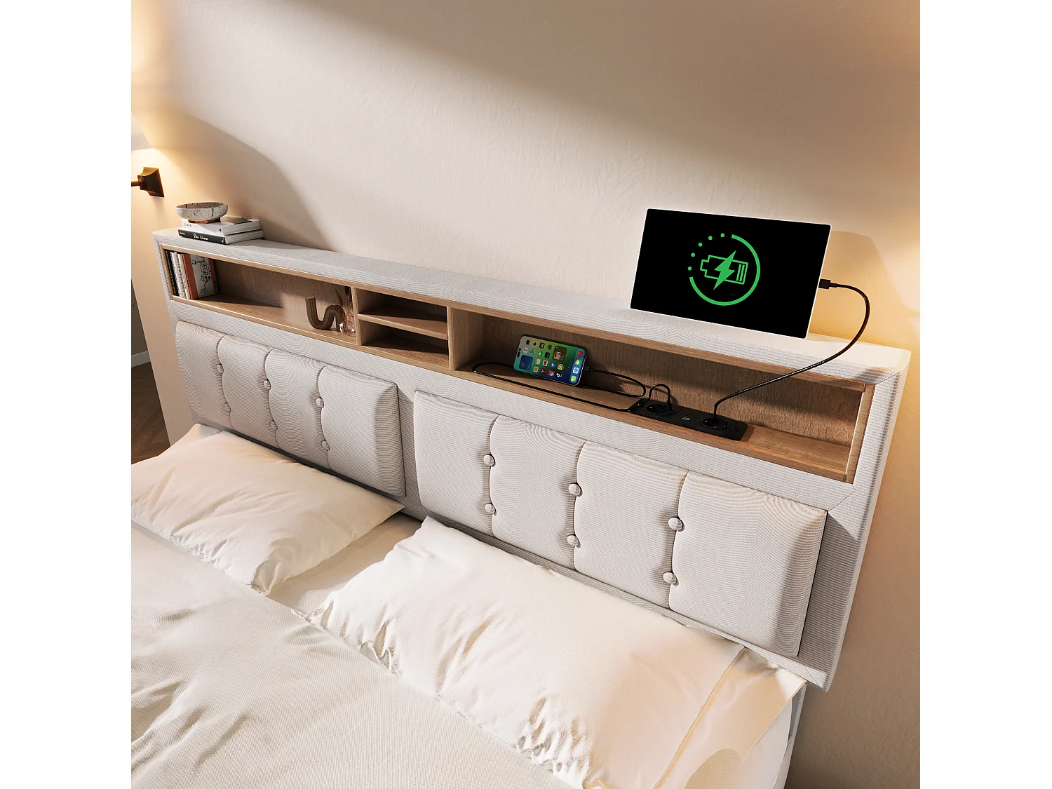 Gestoffeerd volwassenenbed met 4 lades en USB-oplaadpoort - 160x200cm - Linnen stof - Beige