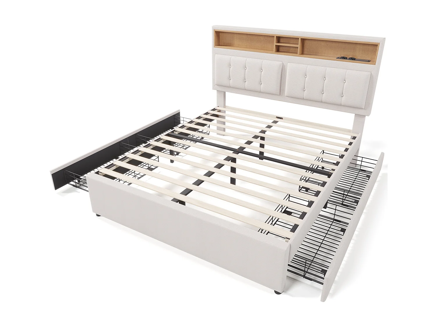 Gestoffeerd volwassenenbed met 4 lades en USB-oplaadpoort - 160x200cm - Linnen stof - Beige