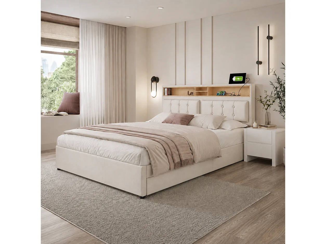 Gestoffeerd volwassenenbed met 4 lades en USB-oplaadpoort - 160x200cm - Linnen stof - Beige