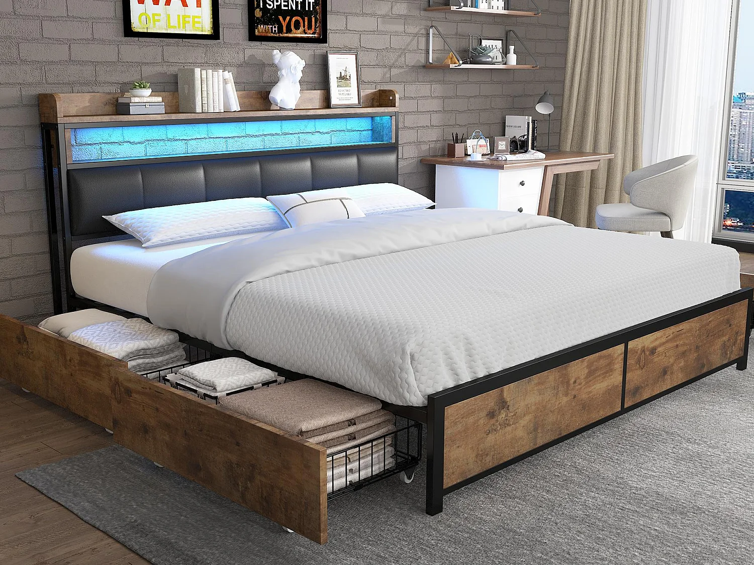 Letto per adulti in ecopelle con 4 cassetti e LED - struttura in metallo - 160x200 cm - Naturale scuro