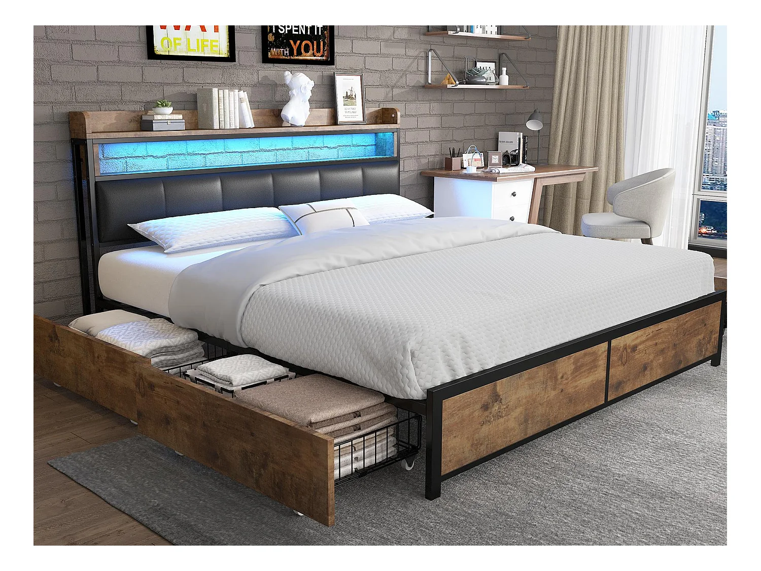 Lit adulte en similicuir avec 4 tiroirs et LED - cadre en métal - 160x200cm - naturel foncé