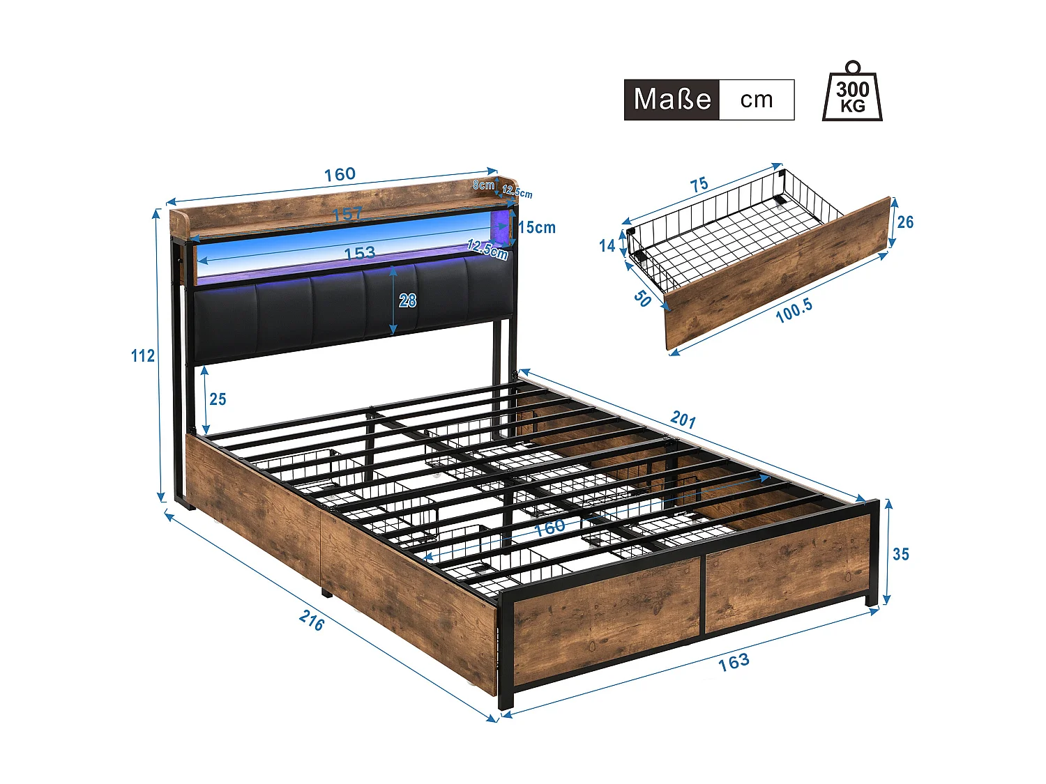 Lit adulte en similicuir avec 4 tiroirs et LED - cadre en métal - 160x200cm - naturel foncé