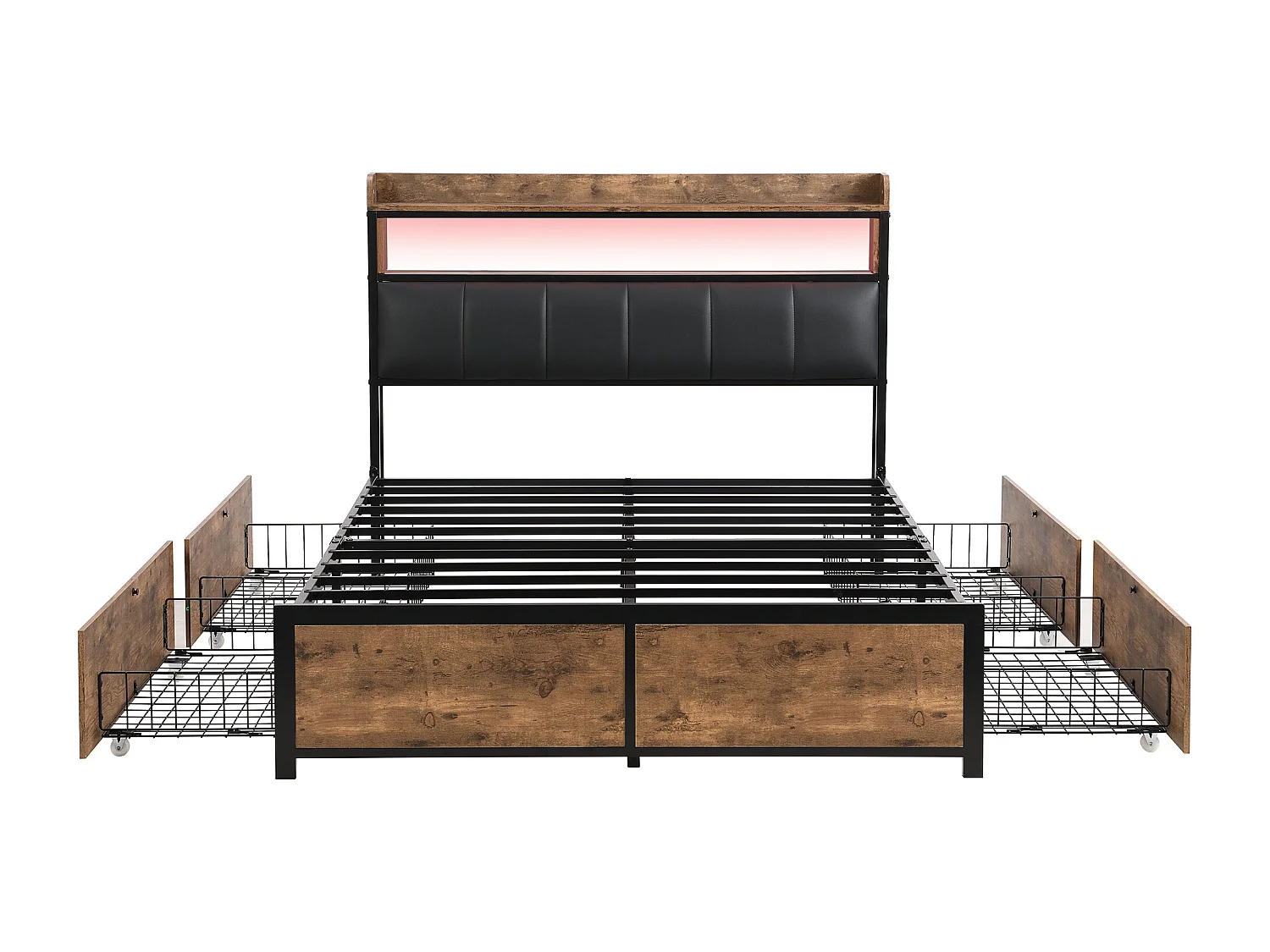 Lit adulte en similicuir avec 4 tiroirs et LED - cadre en métal - 160x200cm - naturel foncé