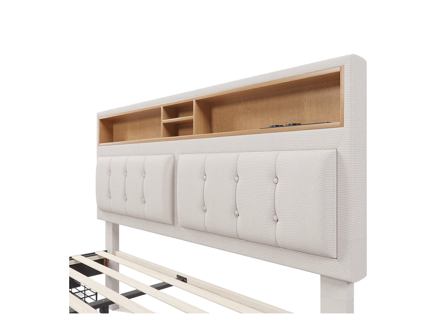 Gestoffeerd volwassenenbed met 4 lades en USB-oplaadpoort - 140x200cm - Linnen stof - Beige