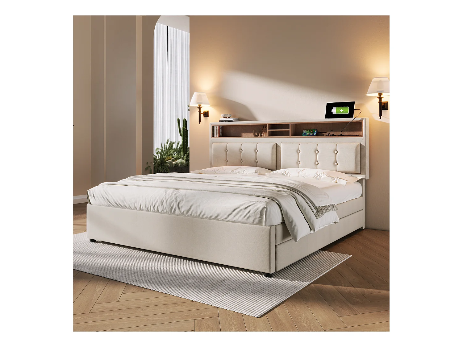 Gestoffeerd volwassenenbed met 4 lades en USB-oplaadpoort - 140x200cm - Linnen stof - Beige