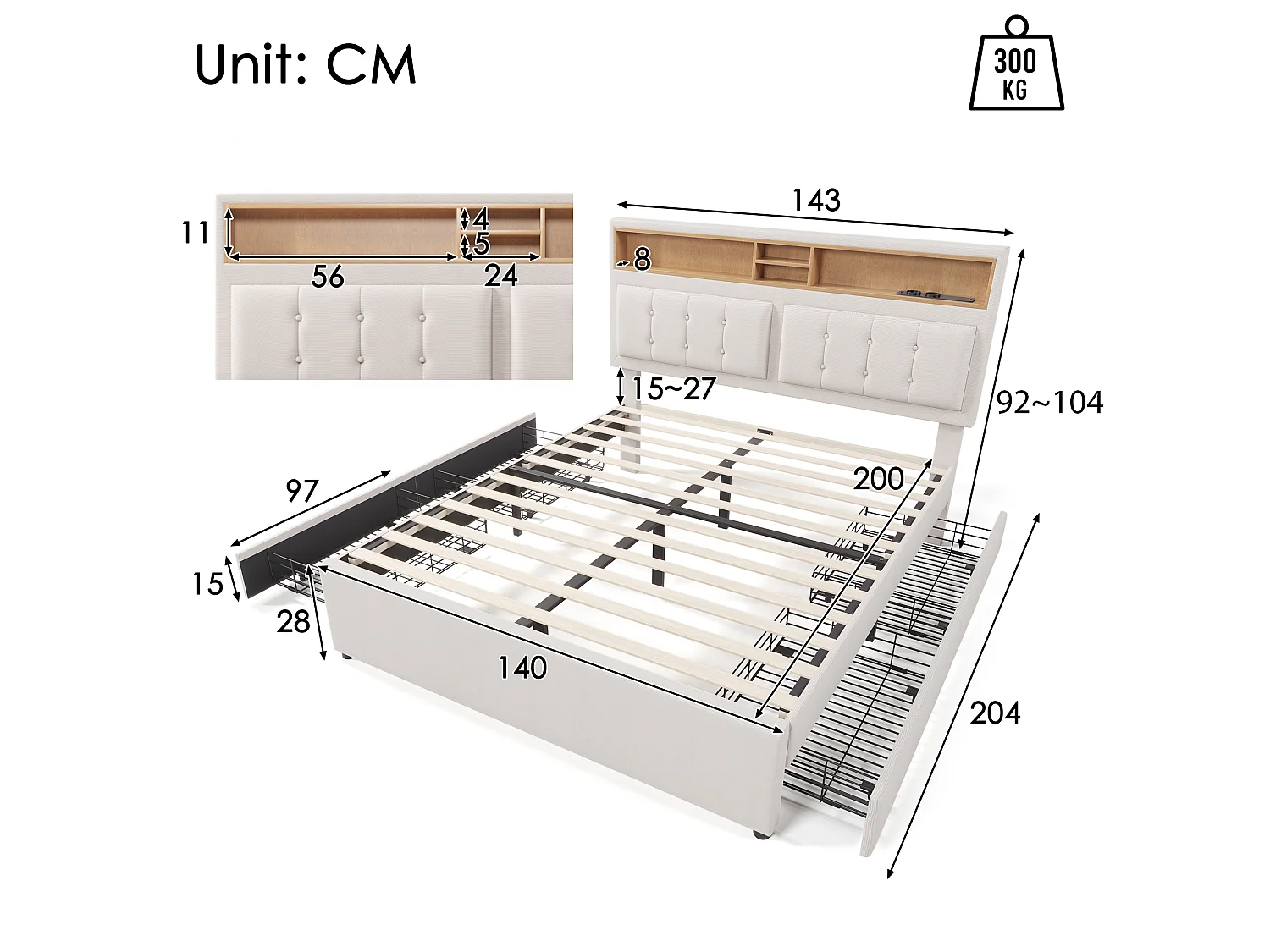 Letto adulto imbottito con 4 cassetti e porta di ricarica USB - 140x200 cm - Tessuto di lino - Beige