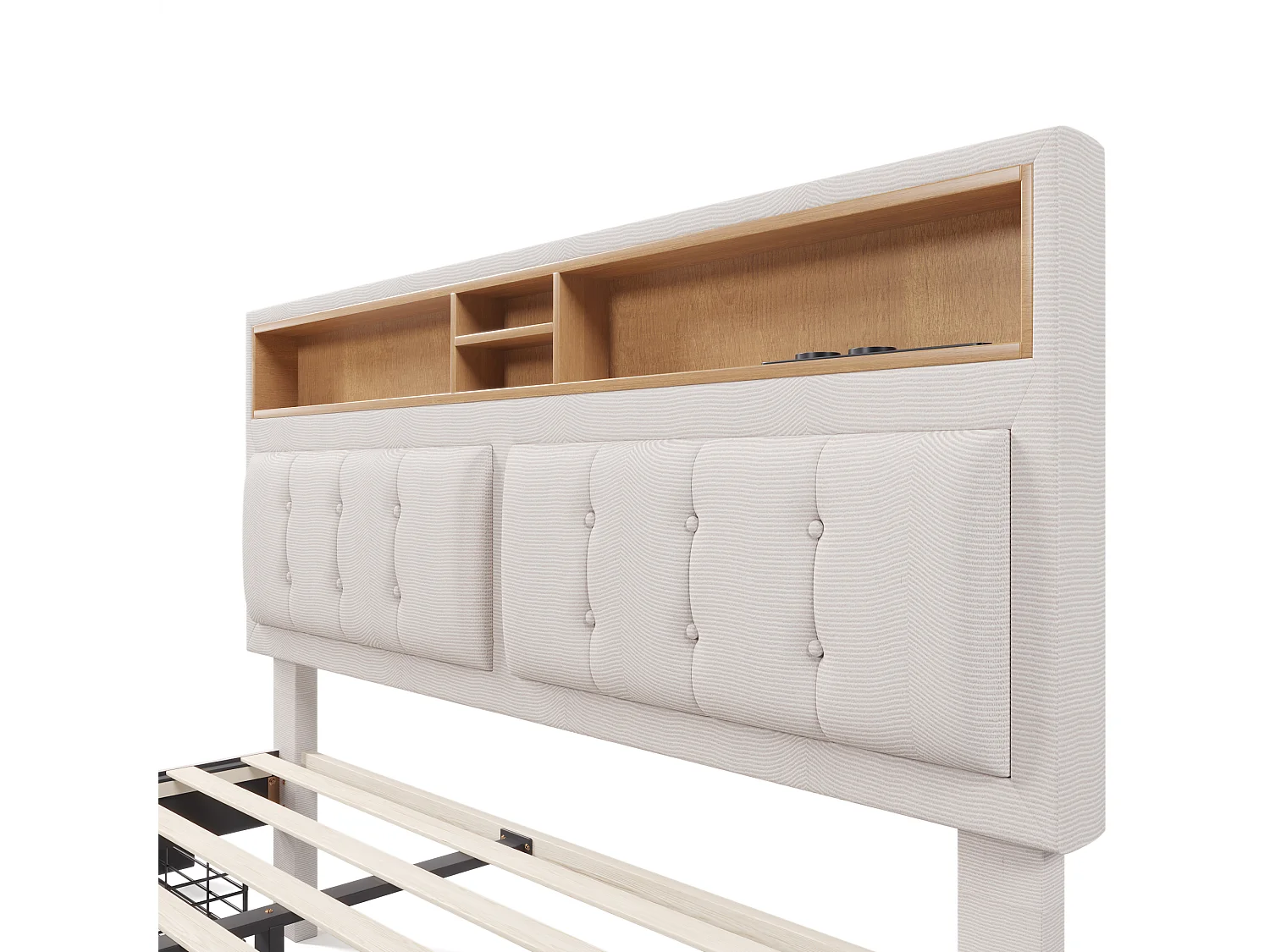 Letto adulto imbottito con 4 cassetti e porta di ricarica USB - 140x200 cm - Tessuto di lino - Beige