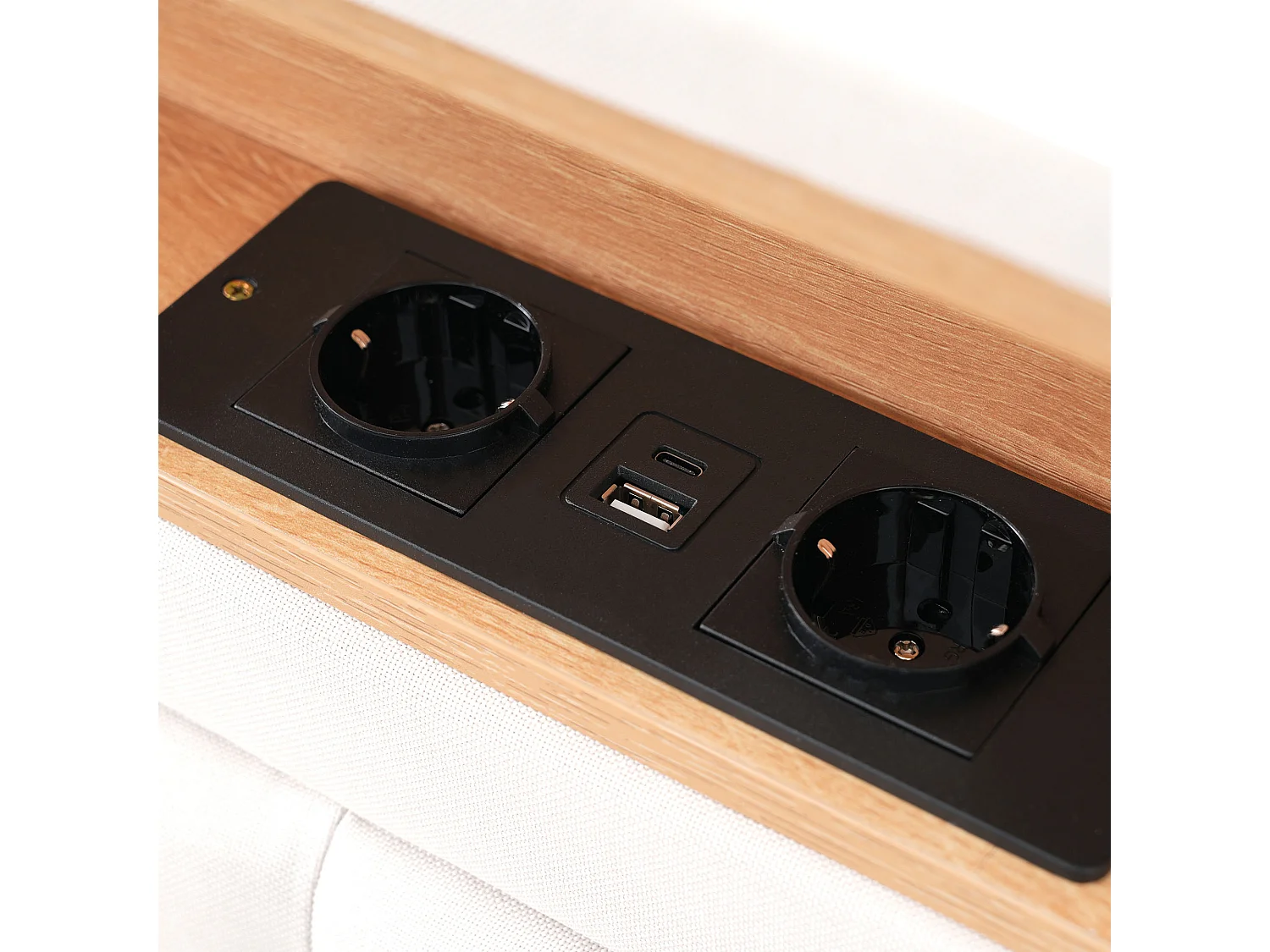 Letto adulto imbottito con 4 cassetti e porta di ricarica USB - 140x200 cm - Tessuto di lino - Beige