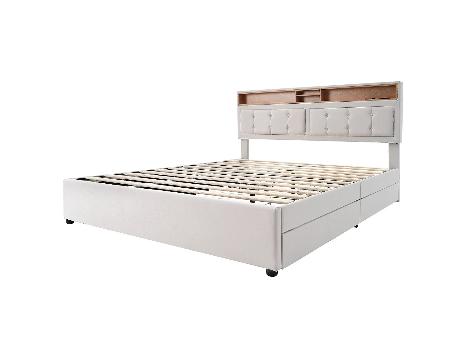 Letto adulto imbottito con 4 cassetti e porta di ricarica USB - 140x200 cm - Tessuto di lino - Beige