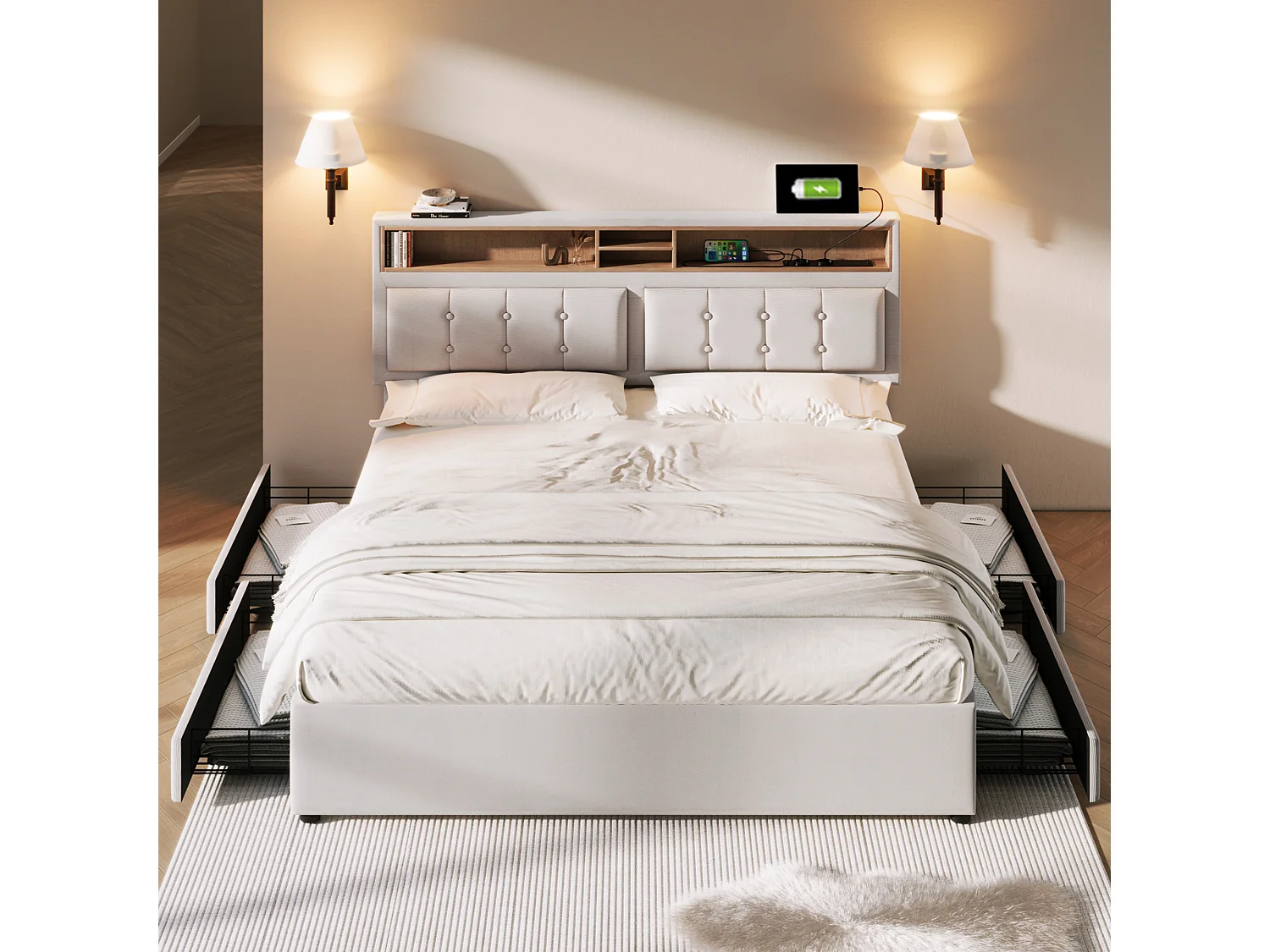 Letto adulto imbottito con 4 cassetti e porta di ricarica USB - 140x200 cm - Tessuto di lino - Beige