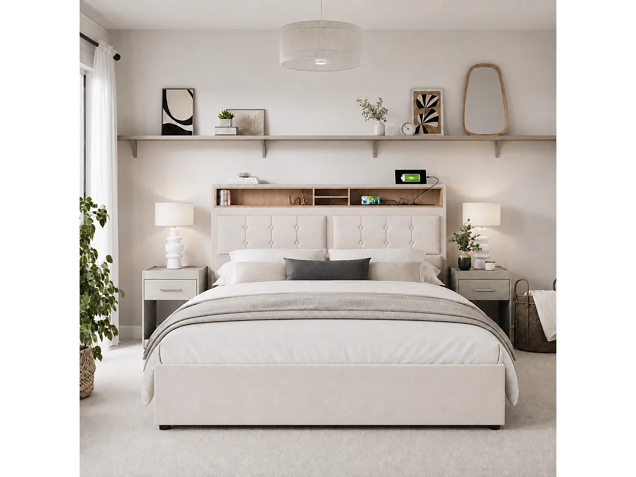Letto adulto imbottito con 4 cassetti e porta di ricarica USB - 140x200 cm - Tessuto di lino - Beige