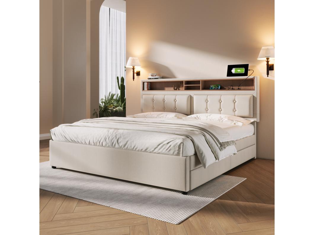 Gestoffeerd volwassenenbed met 4 lades en USB-oplaadpoort - 140x200cm - Linnen stof - Beige