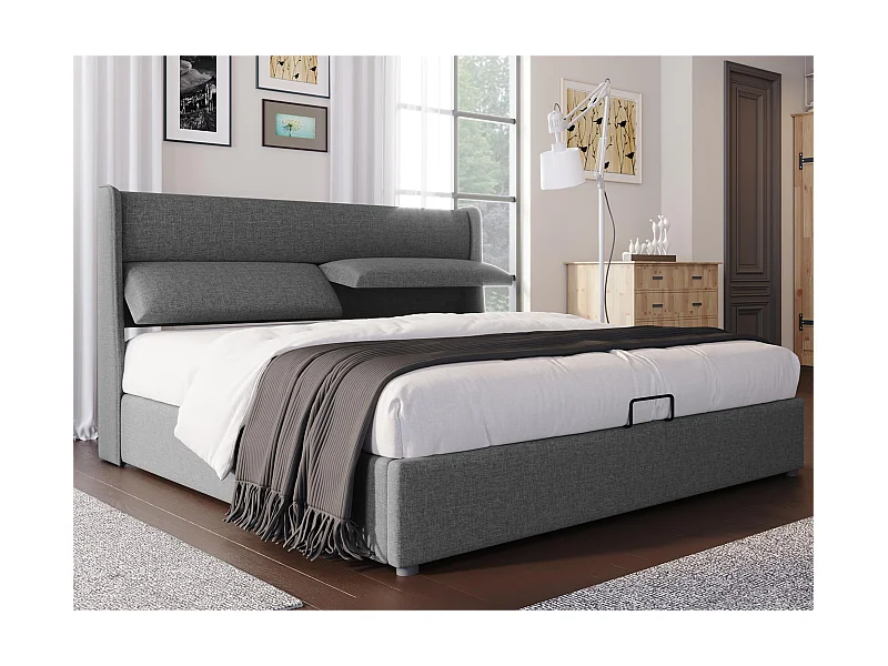 Lit coffre 180x200cm avec tête de lit réglable en tissu de lin - Gris