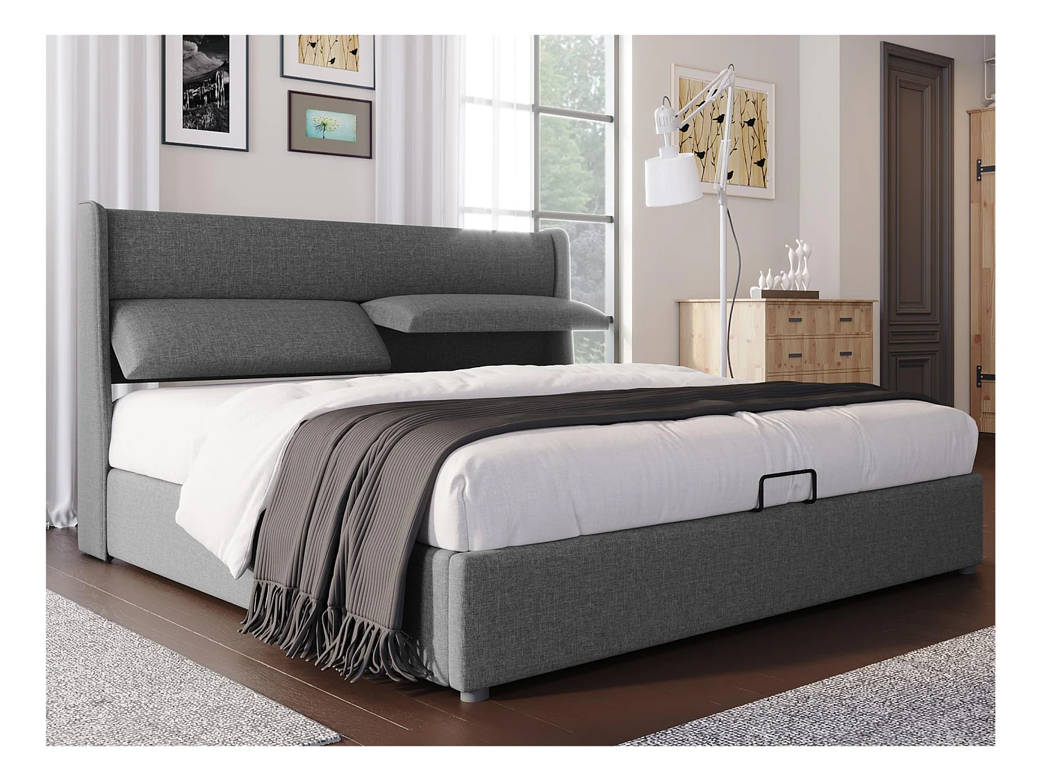 Lit coffre 180x200cm avec tête de lit réglable en tissu de lin - Gris