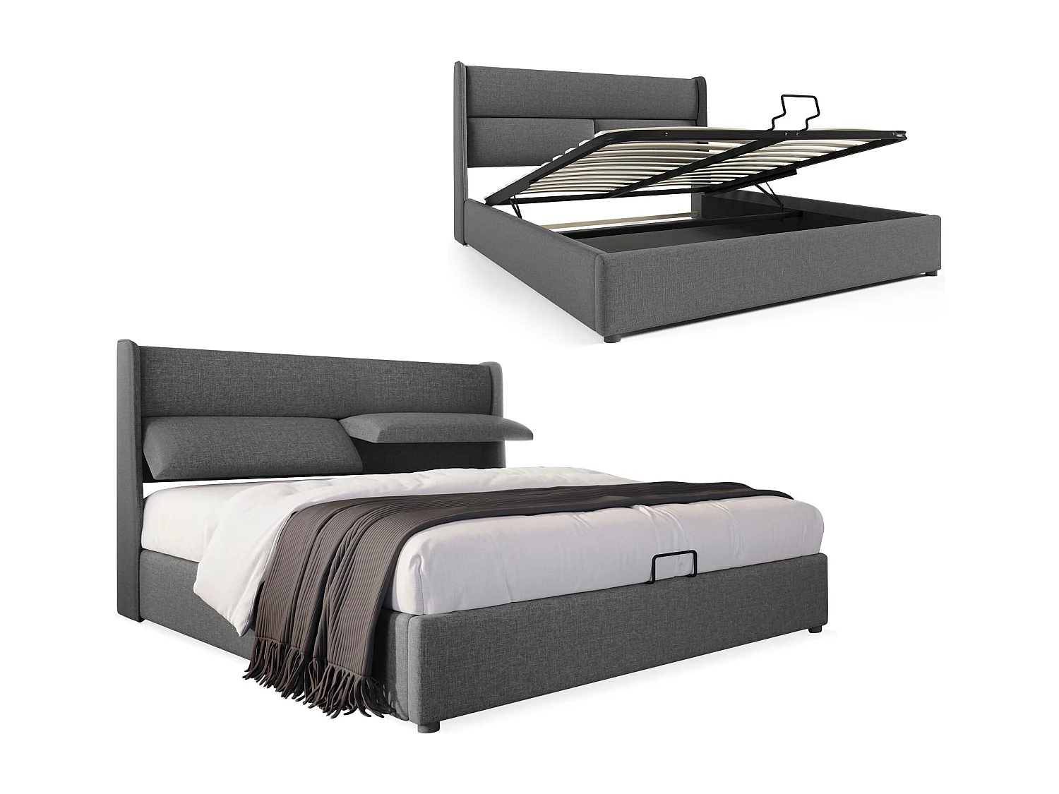 Lit coffre 180x200cm avec tête de lit réglable en tissu de lin - Gris