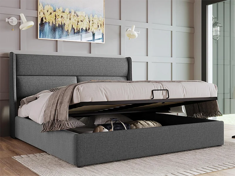 Bettkasten mit verstellbarem Kopfteil – Leinen – 160 x 200 cm – Grau