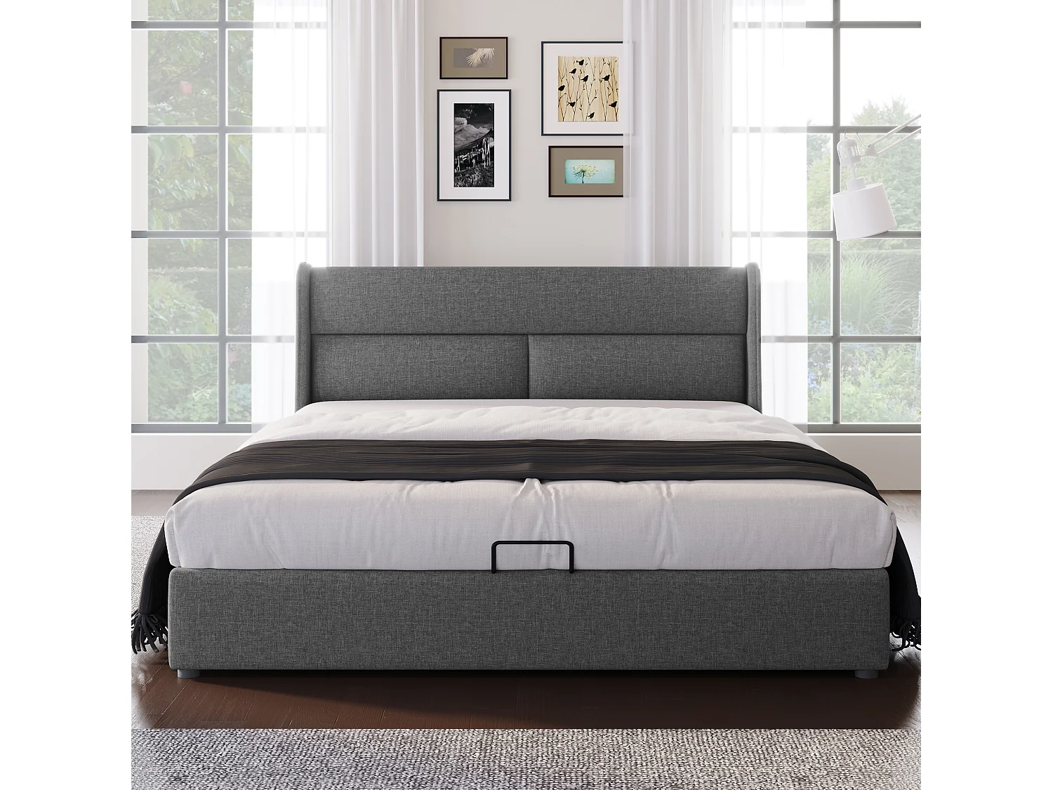 Letto contenitore 160x200cm con testiera regolabile in tessuto di lino - Grigio