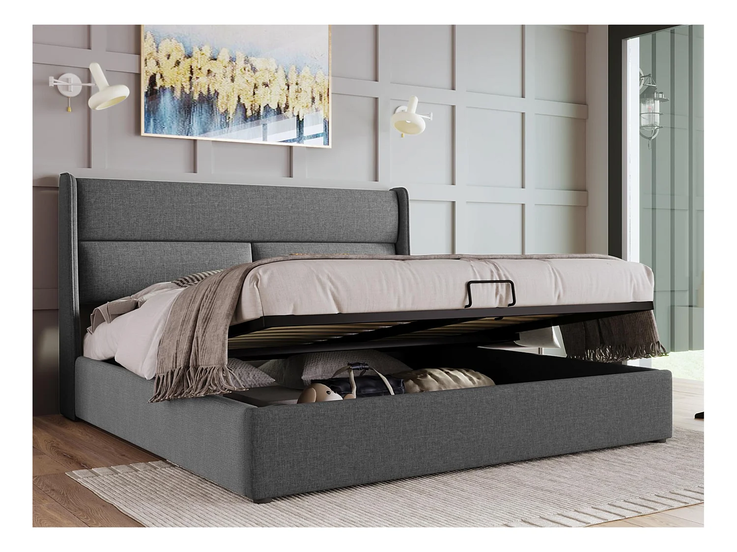 Cama contenedor 160x200 cm con cabecero ajustable en tejido de lino - Gris