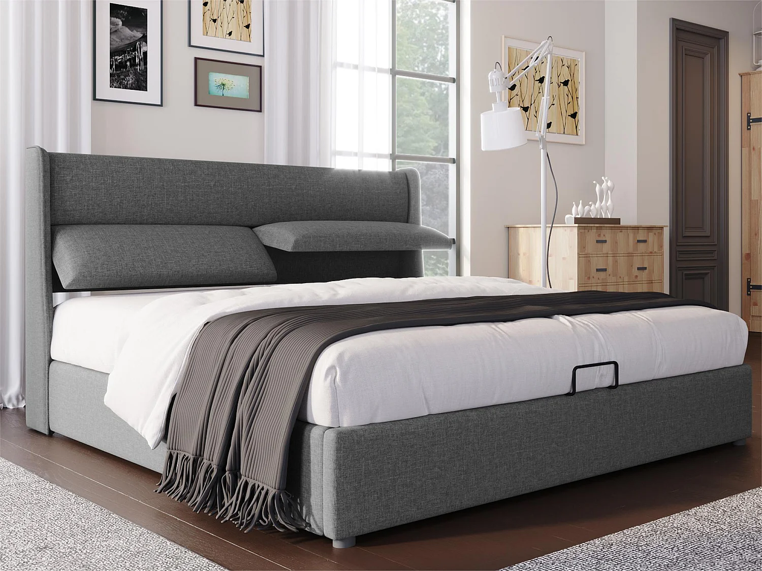 Lit coffre 140x200cm avec tête de lit réglable en tissu de lin - Gris