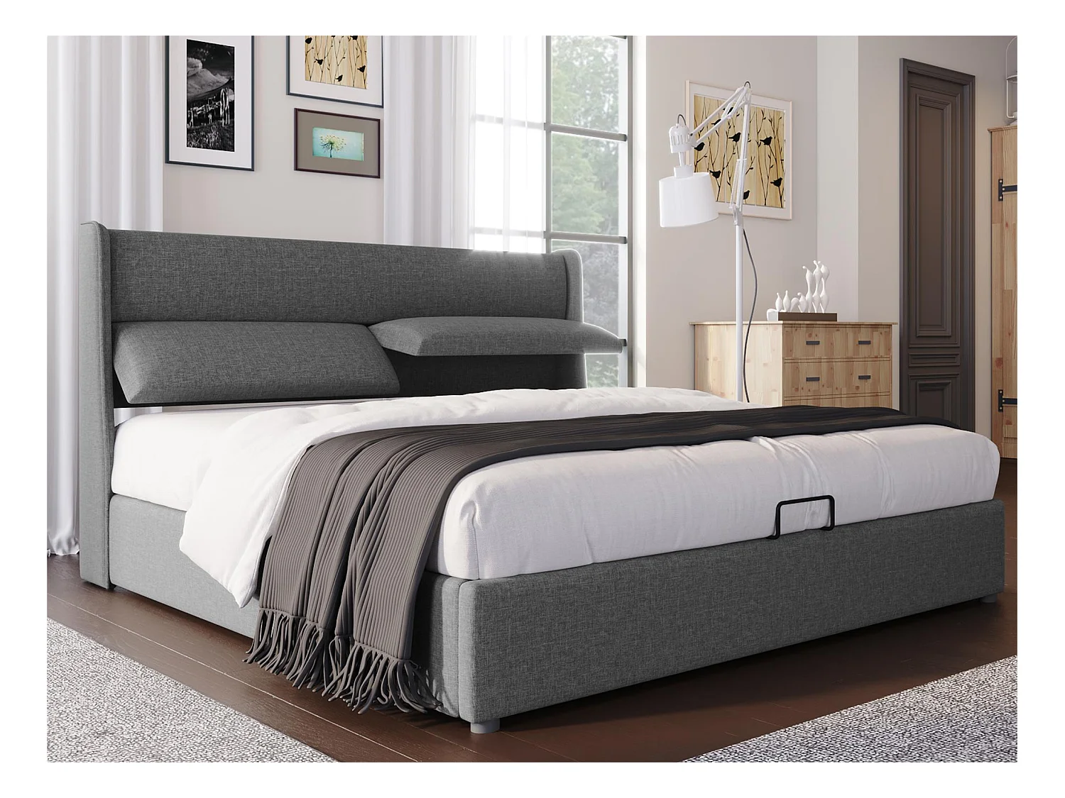 Lit coffre 140x200cm avec tête de lit réglable en tissu de lin - Gris