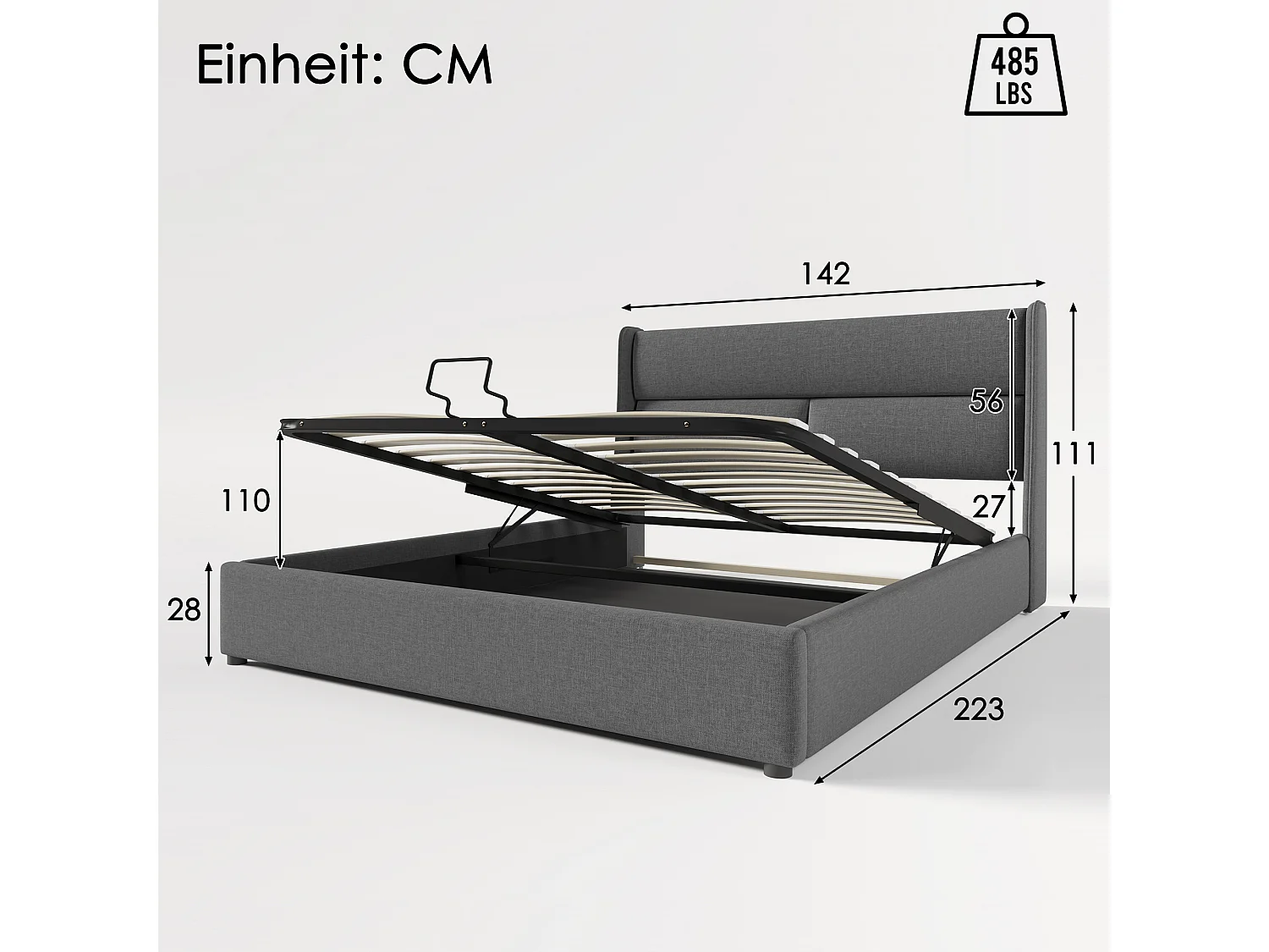 Letto contenitore 140x200cm con testiera regolabile in tessuto di lino - Grigio