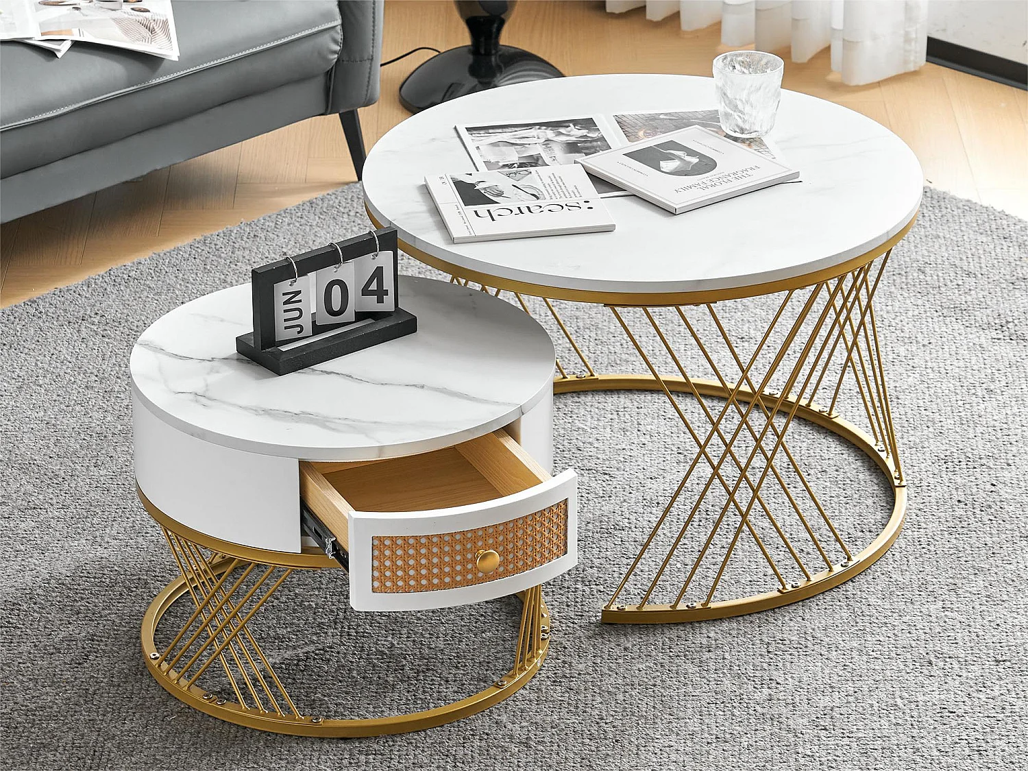 Lot de 2 tables gigognes - placage à motif de marbre - avec un tiroir - Blanc &Doré