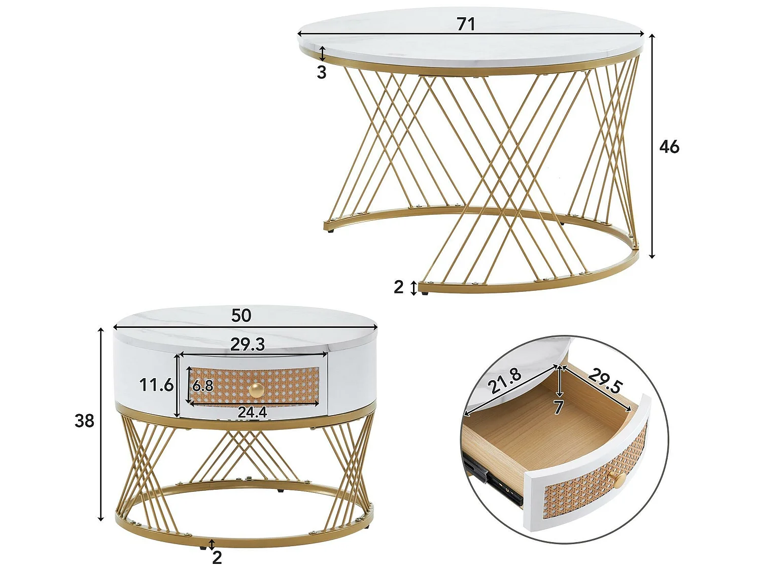 Lot de 2 tables gigognes - placage à motif de marbre - avec un tiroir - Blanc &Doré
