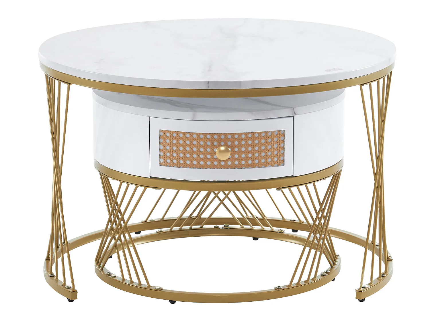 Lot de 2 tables gigognes - placage à motif de marbre - avec un tiroir - Blanc &Doré