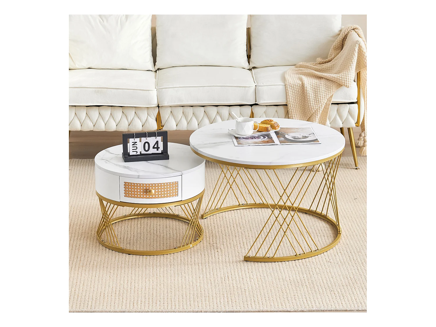 Lot de 2 tables gigognes - placage à motif de marbre - avec un tiroir - Blanc &Doré