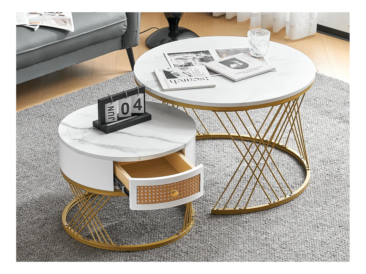 Lot de 2 tables gigognes - placage à motif de marbre - avec un tiroir - Blanc &Doré