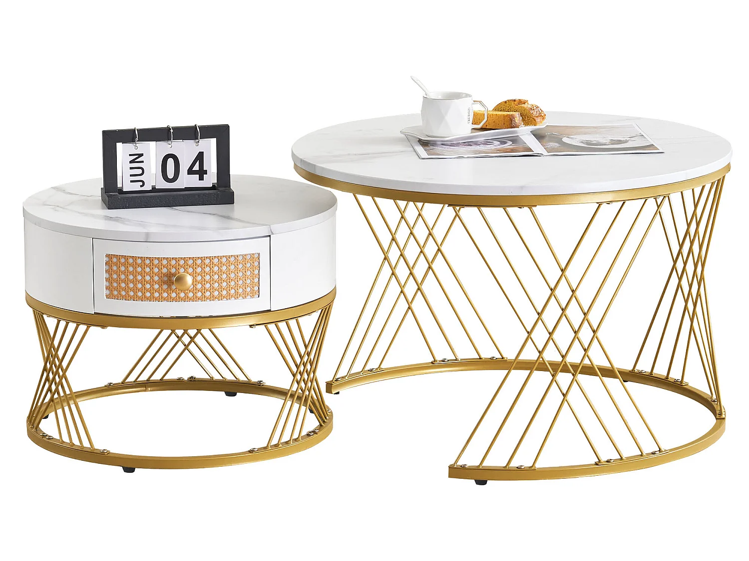 Lot de 2 tables gigognes - placage à motif de marbre - avec un tiroir - Blanc &Doré