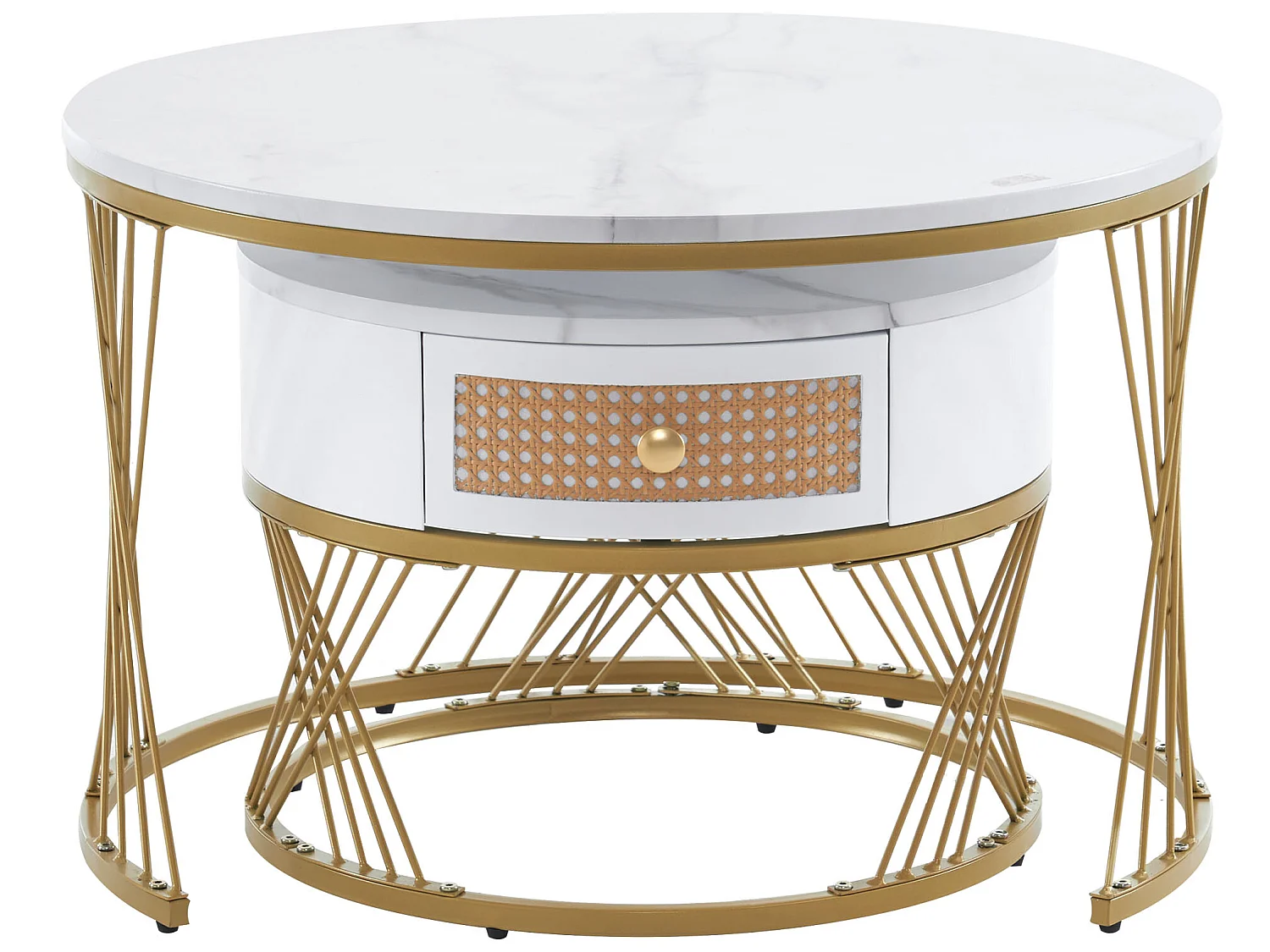 Lot de 2 tables gigognes - placage à motif de marbre - avec un tiroir - Blanc &Doré