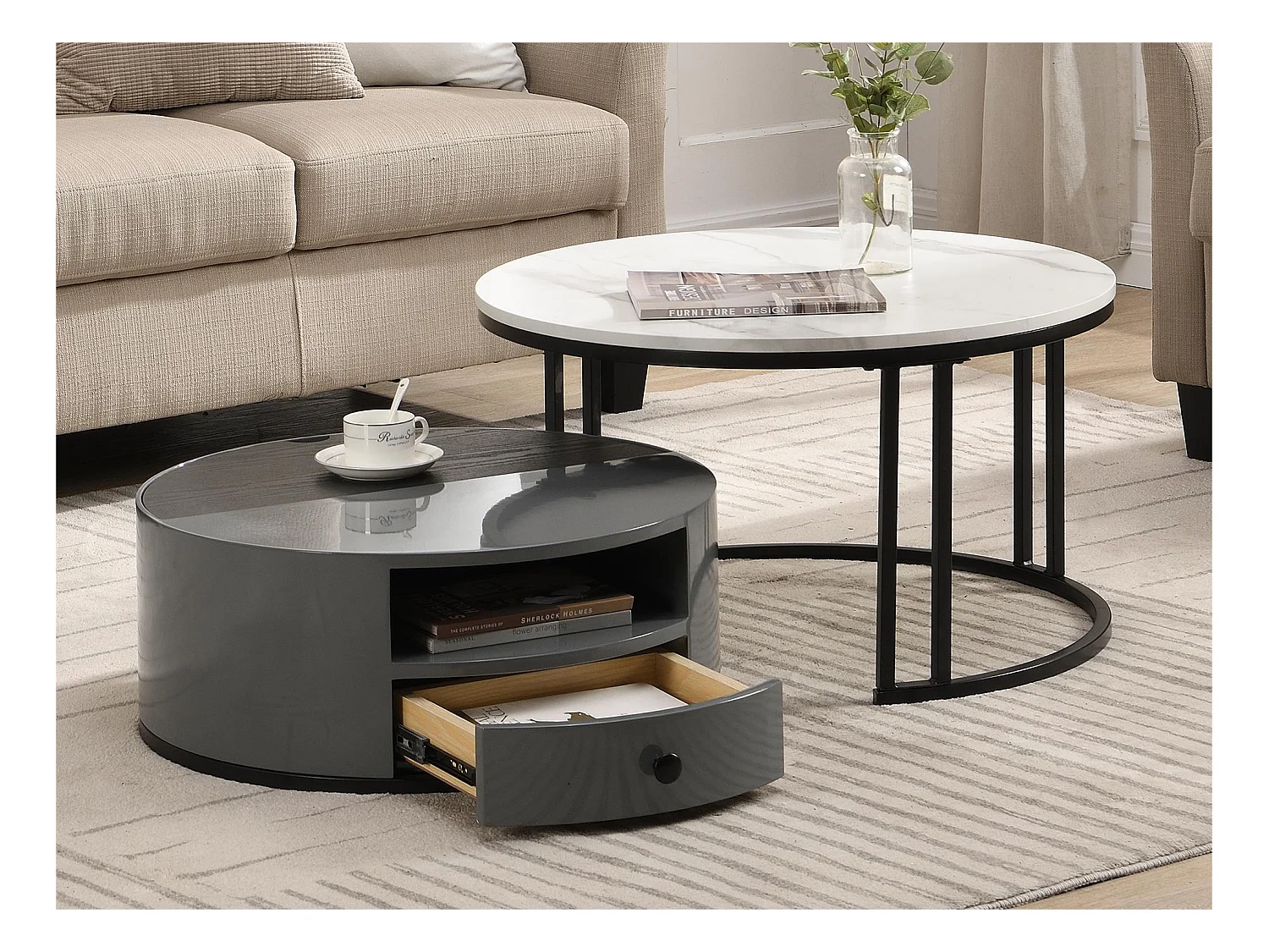 Lot de 2 tables gigognes - aspect marbre en PVC - 1 tiroir et 1 niche - gris
