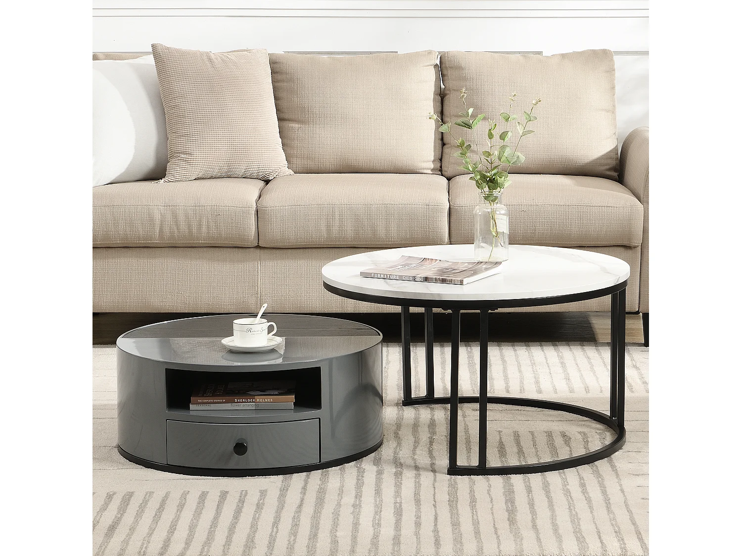 Set van 2 bijzettafels - PVC marmerlook - 1 lade en 1 nis - grijs