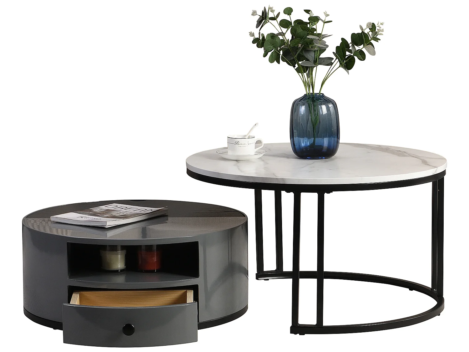 Set van 2 bijzettafels - PVC marmerlook - 1 lade en 1 nis - grijs