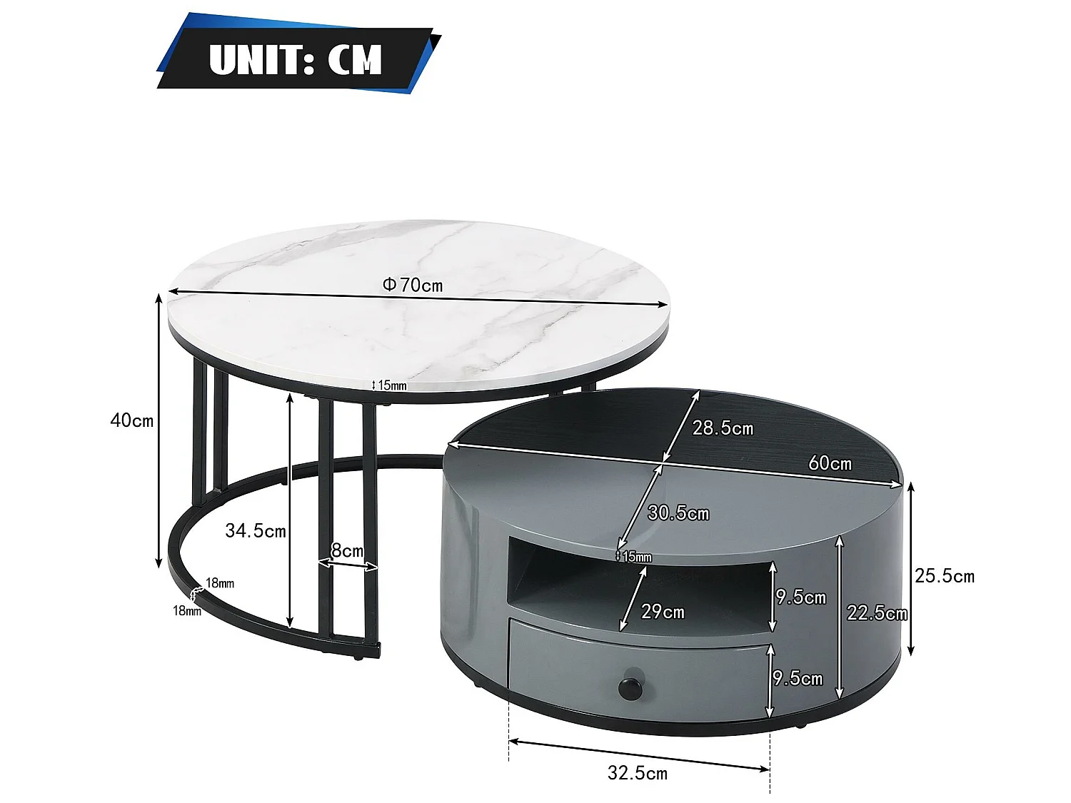 Set van 2 bijzettafels - PVC marmerlook - 1 lade en 1 nis - grijs