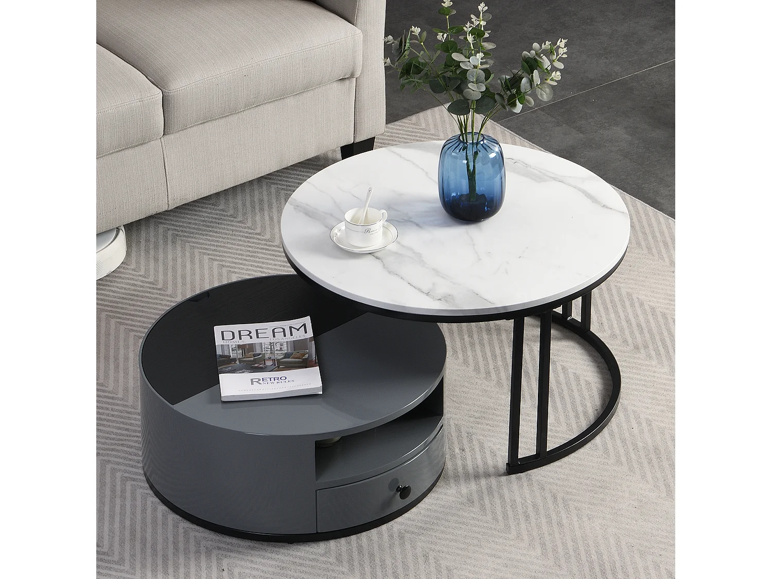 Set van 2 bijzettafels - PVC marmerlook - 1 lade en 1 nis - grijs