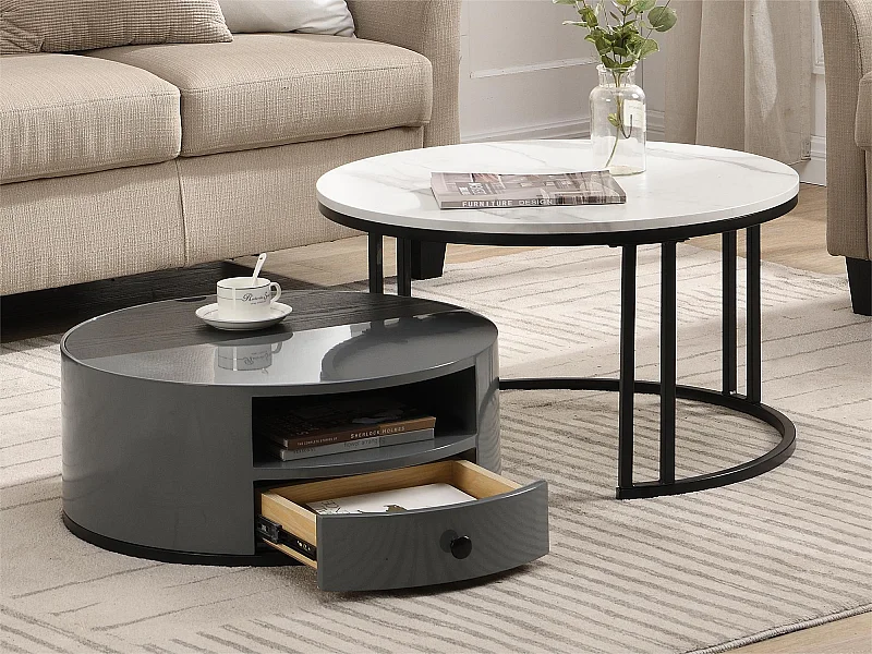 Lot de 2 tables gigognes - aspect marbre en PVC - 1 tiroir et 1 niche - gris