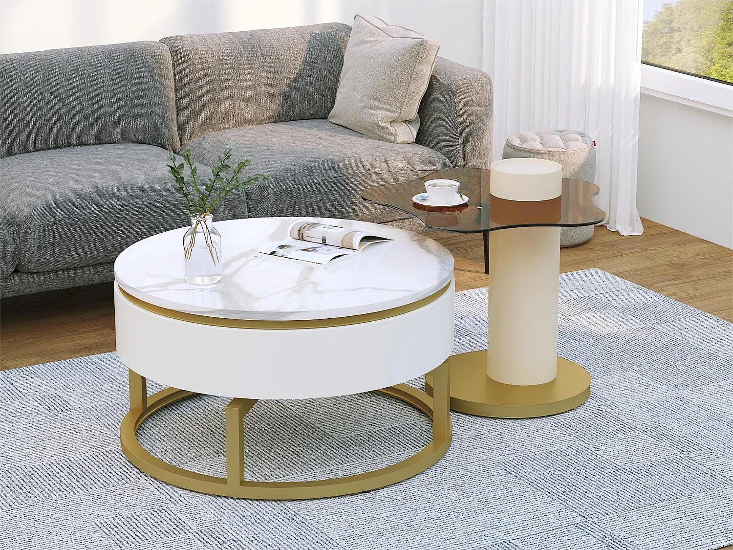 Juego de 2 mesas nido - aspecto mármol - giratorias 360° - blanco brillante