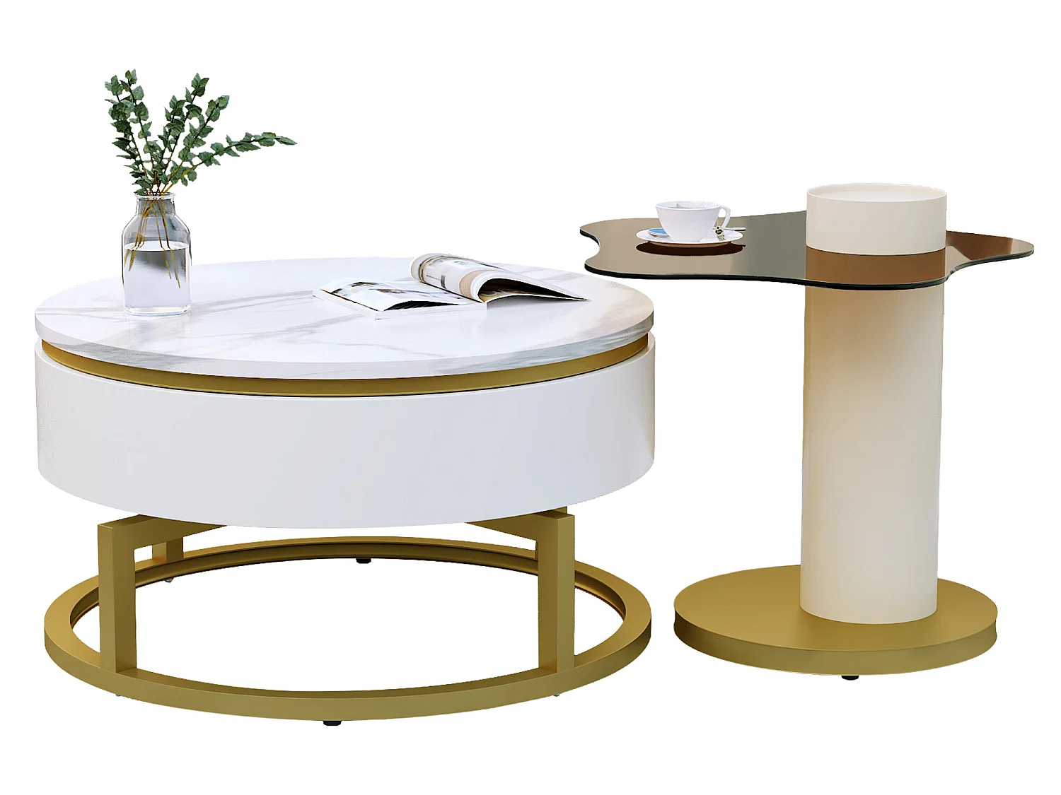 Juego de 2 mesas nido - aspecto mármol - giratorias 360° - blanco brillante