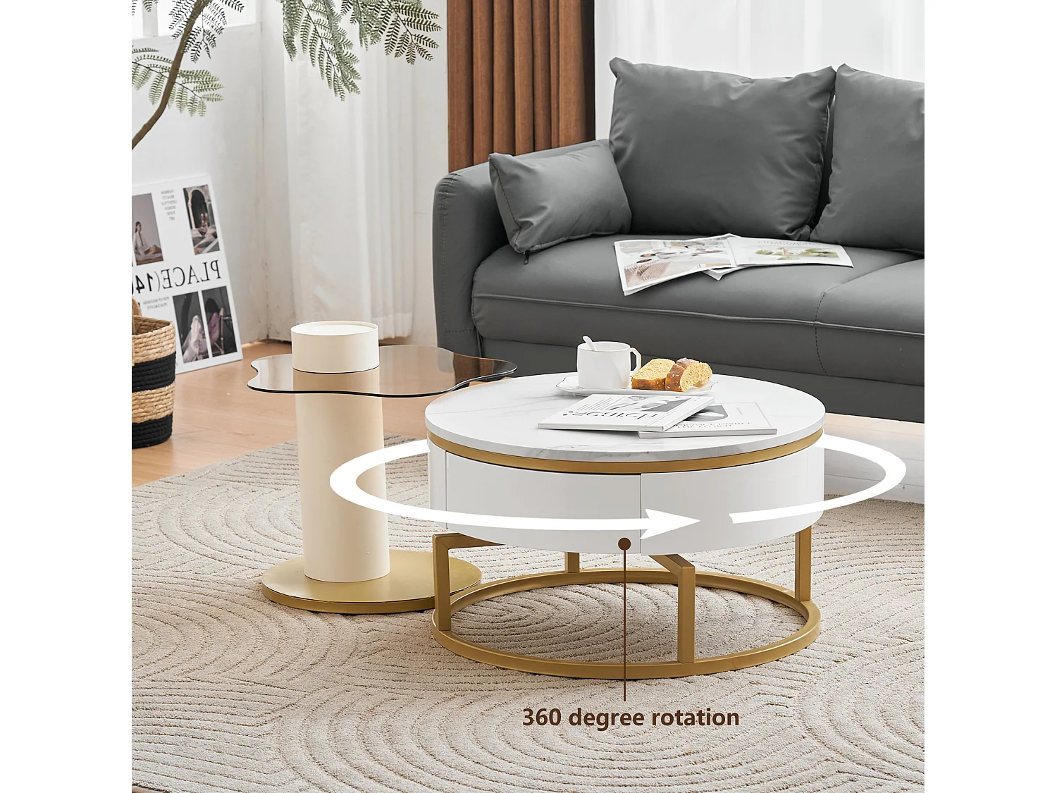 Juego de 2 mesas nido - aspecto mármol - giratorias 360° - blanco brillante