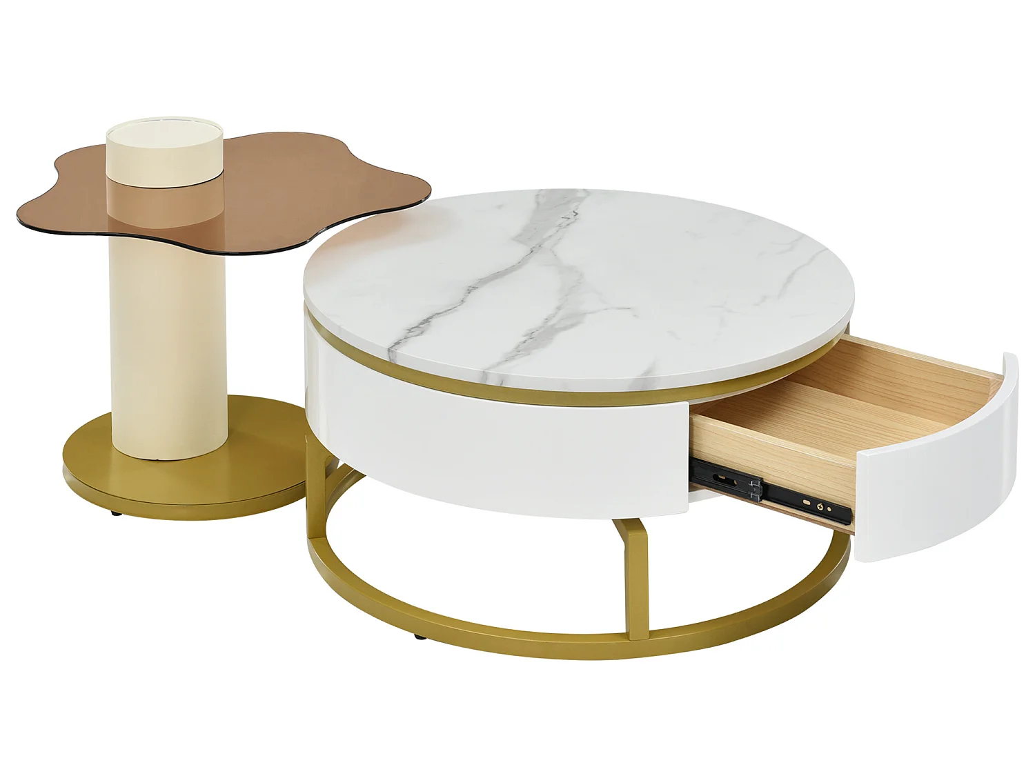 Juego de 2 mesas nido - aspecto mármol - giratorias 360° - blanco brillante