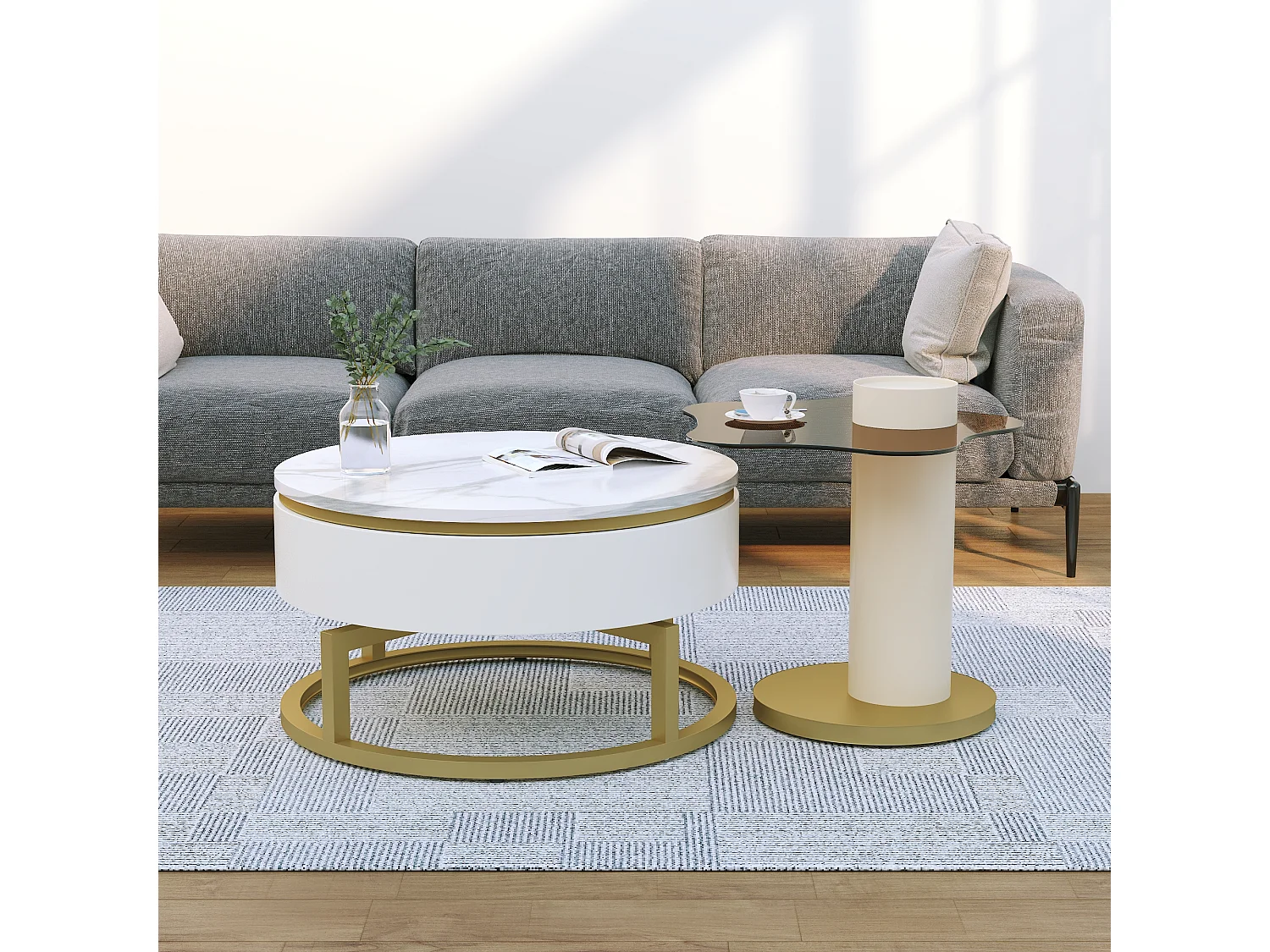 Juego de 2 mesas nido - aspecto mármol - giratorias 360° - blanco brillante